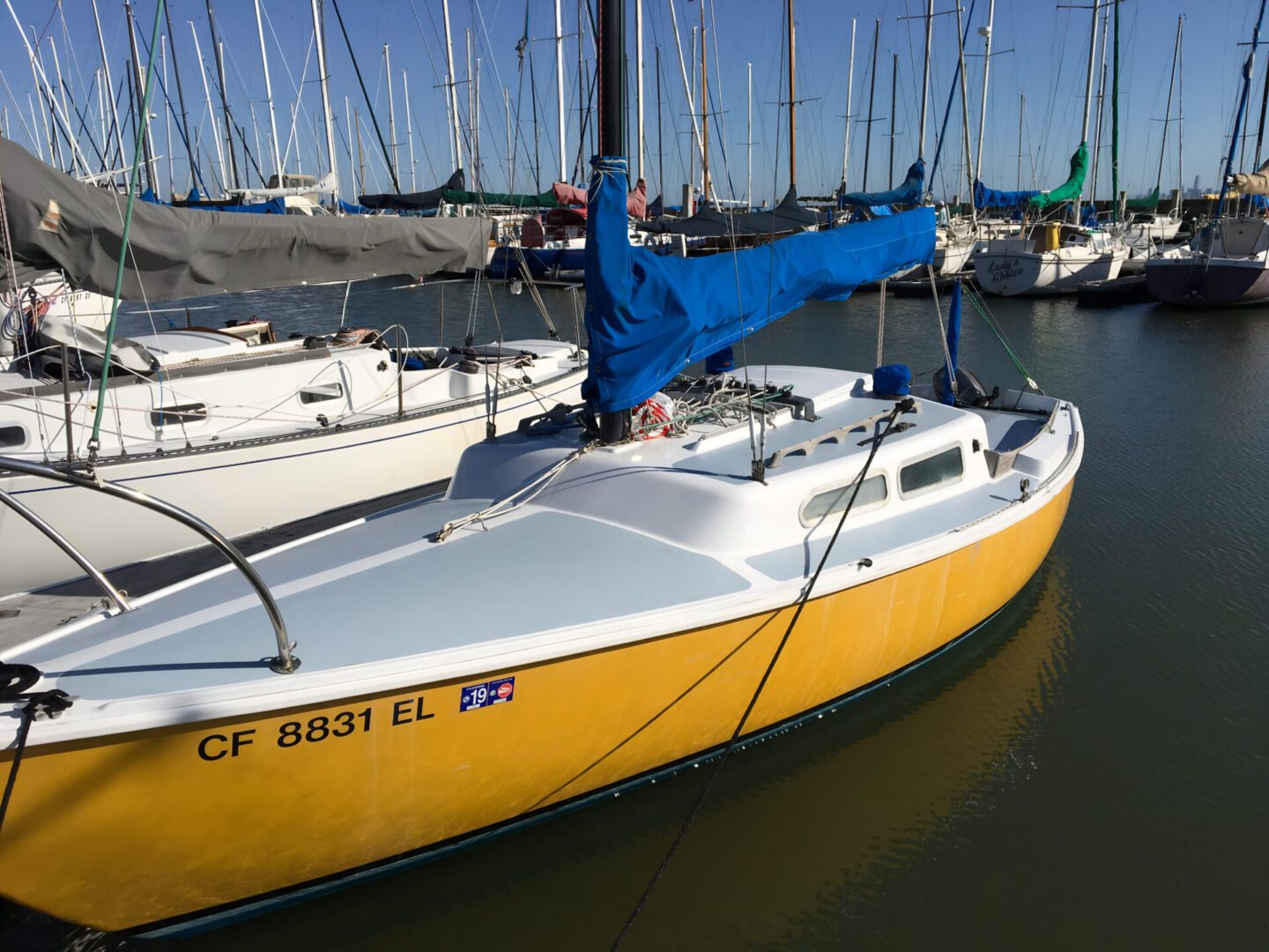 Yellow and white sailboat docked at a marina in the San Francisco Bay.
