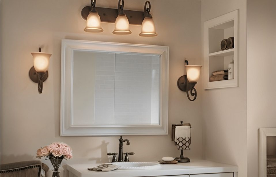 Bathroom vanity with multiple light fixtures installed above the mirror.