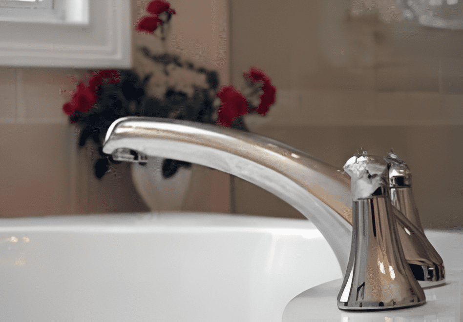Chrome bathroom sink faucet with two handles, polished and installed.