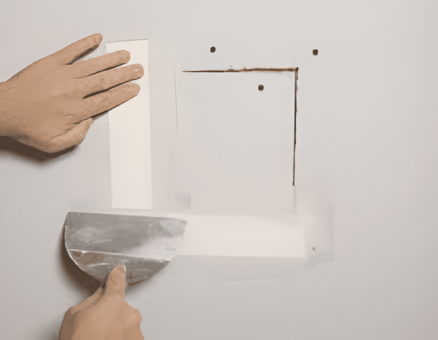 Hands applying joint compound to patch a square hole in a wall.