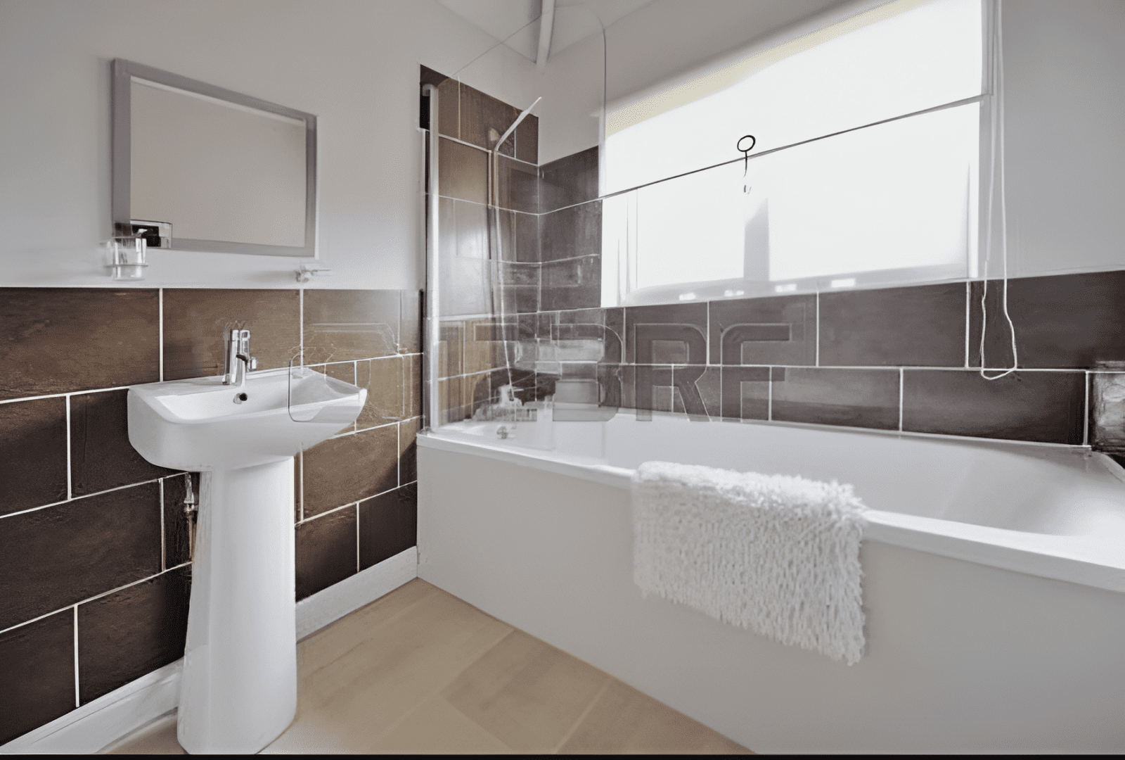 Modern bathroom with brown tiled walls and a white sink, freshly tiled.